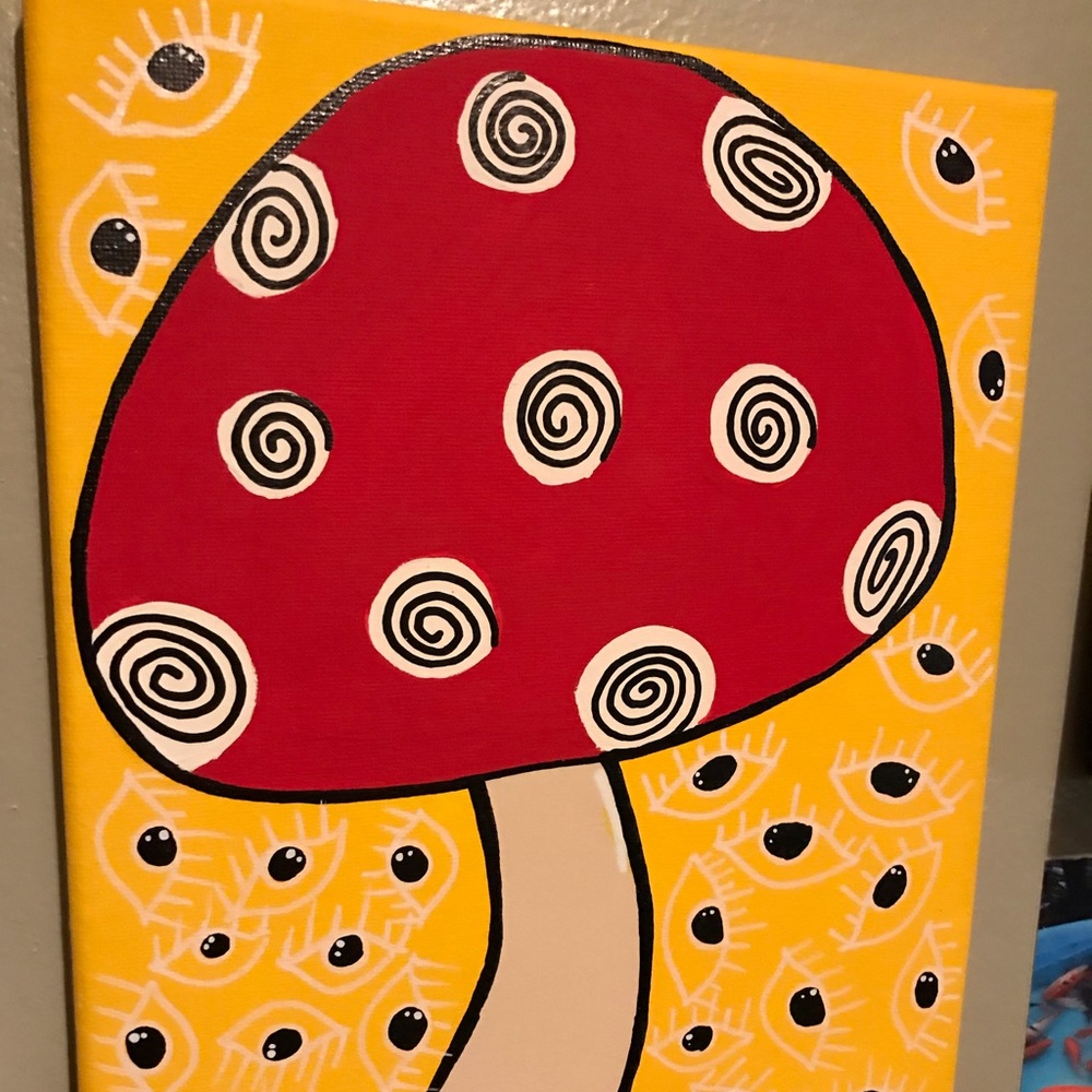 Acrylic painting of a mushroom. Eyes as the background.